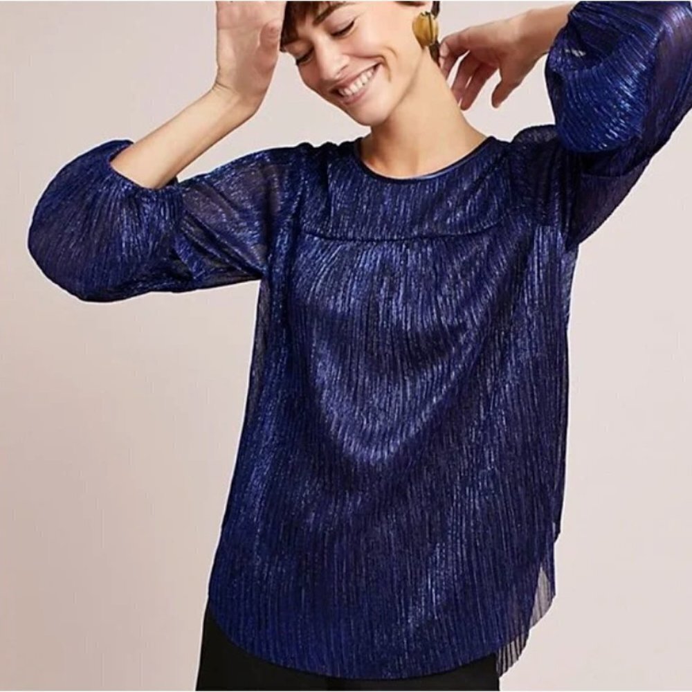 Anthropologie MOULINETTE SOEURS Blue Metallic Crystal Pleated Blouse Size Small